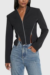 Prisha Zipper V Neck Short Jacket In Black